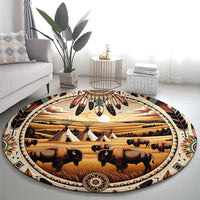 Native American Life Round Carpet Teepee Village With Buffalo Bison