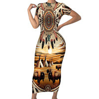 Native American Life Short Sleeve Bodycon Dress Teepee Village With Buffalo Bison - Wonder Print Shop