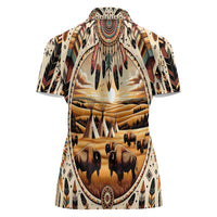 Native American Life Women Polo Shirt Teepee Village With Buffalo Bison - Wonder Print Shop