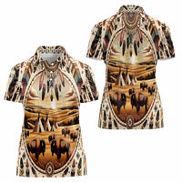 Native American Life Women Polo Shirt Teepee Village With Buffalo Bison - Wonder Print Shop