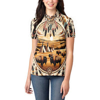 Native American Life Women Polo Shirt Teepee Village With Buffalo Bison - Wonder Print Shop