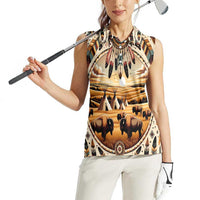 Native American Life Women Sleeveless Polo Shirt Teepee Village With Buffalo Bison - Wonder Print Shop