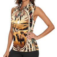 Native American Life Women Sleeveless Polo Shirt Teepee Village With Buffalo Bison - Wonder Print Shop