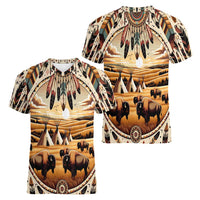 Native American Life Women V-Neck T-Shirt Teepee Village With Buffalo Bison - Wonder Print Shop