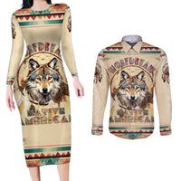 Native American Wolf Dreamcatcher Couples Matching Long Sleeve Bodycon Dress and Long Sleeve Button Shirt Vintage Style - Wonder Print Shop