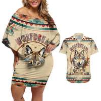 Native American Wolf Dreamcatcher Couples Matching Off Shoulder Short Dress and Hawaiian Shirt Vintage Style - Wonder Print Shop
