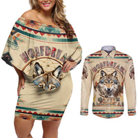 Native American Wolf Dreamcatcher Couples Matching Off Shoulder Short Dress and Long Sleeve Button Shirt Vintage Style - Wonder Print Shop