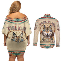 Native American Wolf Dreamcatcher Couples Matching Off Shoulder Short Dress and Long Sleeve Button Shirt Vintage Style - Wonder Print Shop
