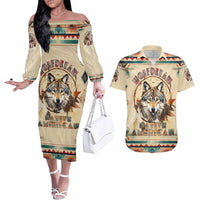 Native American Wolf Dreamcatcher Couples Matching Off The Shoulder Long Sleeve Dress and Hawaiian Shirt Vintage Style - Wonder Print Shop