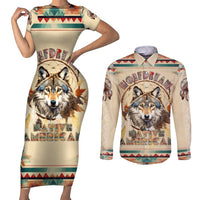 Native American Wolf Dreamcatcher Couples Matching Short Sleeve Bodycon Dress and Long Sleeve Button Shirt Vintage Style - Wonder Print Shop