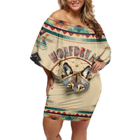 Native American Wolf Dreamcatcher Off Shoulder Short Dress Vintage Style - Wonder Print Shop