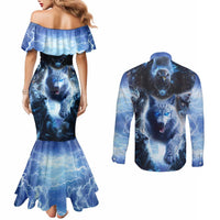 Native American Wolf And Eagle Couples Matching Mermaid Dress and Long Sleeve Button Shirt Thunder Style