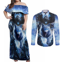 Native American Wolf And Eagle Couples Matching Off Shoulder Maxi Dress and Long Sleeve Button Shirt Thunder Style - Wonder Print Shop
