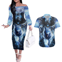 Native American Wolf And Eagle Couples Matching Off The Shoulder Long Sleeve Dress and Hawaiian Shirt Thunder Style - Wonder Print Shop