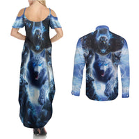 Native American Wolf And Eagle Couples Matching Summer Maxi Dress and Long Sleeve Button Shirt Thunder Style - Wonder Print Shop
