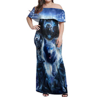 Native American Wolf And Eagle Off Shoulder Maxi Dress Thunder Style - Wonder Print Shop