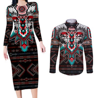 Native American Indian Warrior Skull Couples Matching Long Sleeve Bodycon Dress and Long Sleeve Button Shirt - Wonder Print Shop