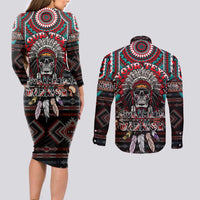 Native American Indian Warrior Skull Couples Matching Long Sleeve Bodycon Dress and Long Sleeve Button Shirt - Wonder Print Shop
