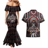 Native American Indian Warrior Skull Couples Matching Mermaid Dress and Hawaiian Shirt - Wonder Print Shop
