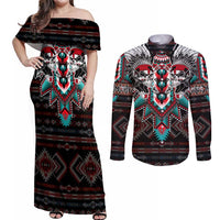 Native American Indian Warrior Skull Couples Matching Off Shoulder Maxi Dress and Long Sleeve Button Shirt - Wonder Print Shop