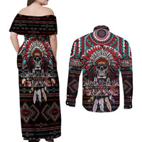 Native American Indian Warrior Skull Couples Matching Off Shoulder Maxi Dress and Long Sleeve Button Shirt - Wonder Print Shop