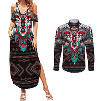 Native American Indian Warrior Skull Couples Matching Summer Maxi Dress and Long Sleeve Button Shirt - Wonder Print Shop
