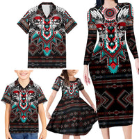 Native American Indian Warrior Skull Family Matching Long Sleeve Bodycon Dress and Hawaiian Shirt - Wonder Print Shop