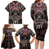 Native American Indian Warrior Skull Family Matching Long Sleeve Bodycon Dress and Hawaiian Shirt - Wonder Print Shop