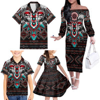 Native American Indian Warrior Skull Family Matching Off The Shoulder Long Sleeve Dress and Hawaiian Shirt - Wonder Print Shop