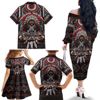 Native American Indian Warrior Skull Family Matching Off The Shoulder Long Sleeve Dress and Hawaiian Shirt - Wonder Print Shop