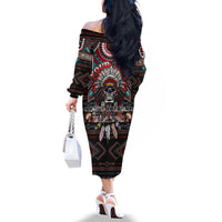 Native American Indian Warrior Skull Family Matching Off The Shoulder Long Sleeve Dress and Hawaiian Shirt - Wonder Print Shop