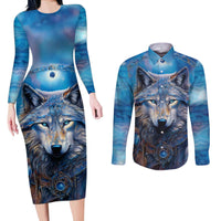 Beautiful Native American Wolf Couples Matching Long Sleeve Bodycon Dress and Long Sleeve Button Shirt Galaxy Art - Wonder Print Shop