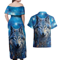 Beautiful Native American Wolf Couples Matching Off Shoulder Maxi Dress and Hawaiian Shirt Galaxy Art - Wonder Print Shop