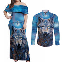 Beautiful Native American Wolf Couples Matching Off Shoulder Maxi Dress and Long Sleeve Button Shirt Galaxy Art - Wonder Print Shop