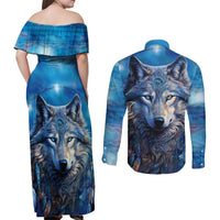 Beautiful Native American Wolf Couples Matching Off Shoulder Maxi Dress and Long Sleeve Button Shirt Galaxy Art - Wonder Print Shop