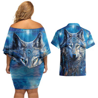 Beautiful Native American Wolf Couples Matching Off Shoulder Short Dress and Hawaiian Shirt Galaxy Art - Wonder Print Shop