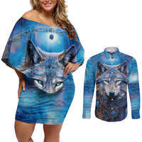 Beautiful Native American Wolf Couples Matching Off Shoulder Short Dress and Long Sleeve Button Shirt Galaxy Art - Wonder Print Shop
