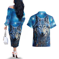 Beautiful Native American Wolf Couples Matching Off The Shoulder Long Sleeve Dress and Hawaiian Shirt Galaxy Art - Wonder Print Shop
