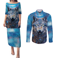 Beautiful Native American Wolf Couples Matching Puletasi and Long Sleeve Button Shirt Galaxy Art - Wonder Print Shop