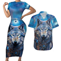 Beautiful Native American Wolf Couples Matching Short Sleeve Bodycon Dress and Hawaiian Shirt Galaxy Art - Wonder Print Shop
