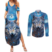 Beautiful Native American Wolf Couples Matching Summer Maxi Dress and Long Sleeve Button Shirt Galaxy Art - Wonder Print Shop