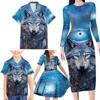 Beautiful Native American Wolf Family Matching Long Sleeve Bodycon Dress and Hawaiian Shirt Galaxy Art - Wonder Print Shop