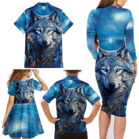 Beautiful Native American Wolf Family Matching Long Sleeve Bodycon Dress and Hawaiian Shirt Galaxy Art - Wonder Print Shop