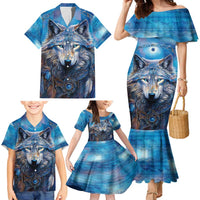 Beautiful Native American Wolf Family Matching Mermaid Dress and Hawaiian Shirt Galaxy Art - Wonder Print Shop
