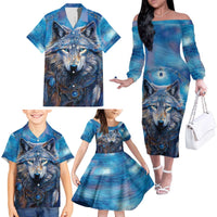 Beautiful Native American Wolf Family Matching Off The Shoulder Long Sleeve Dress and Hawaiian Shirt Galaxy Art - Wonder Print Shop