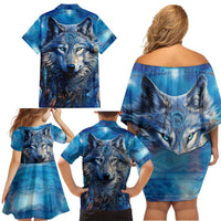Beautiful Native American Wolf Family Matching Off Shoulder Short Dress and Hawaiian Shirt Galaxy Art - Wonder Print Shop