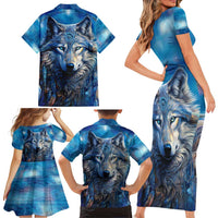 Beautiful Native American Wolf Family Matching Short Sleeve Bodycon Dress and Hawaiian Shirt Galaxy Art - Wonder Print Shop