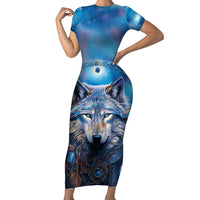 Beautiful Native American Wolf Family Matching Short Sleeve Bodycon Dress and Hawaiian Shirt Galaxy Art - Wonder Print Shop