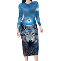 Beautiful Native American Wolf Long Sleeve Bodycon Dress Galaxy Art - Wonder Print Shop