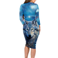 Beautiful Native American Wolf Long Sleeve Bodycon Dress Galaxy Art - Wonder Print Shop